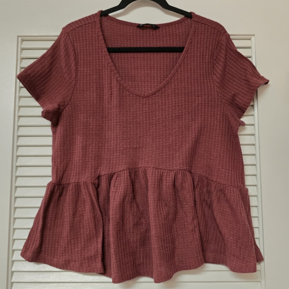 SHEIN - Wine Red Short-Sleeve Waffle-Knit Peplum Top